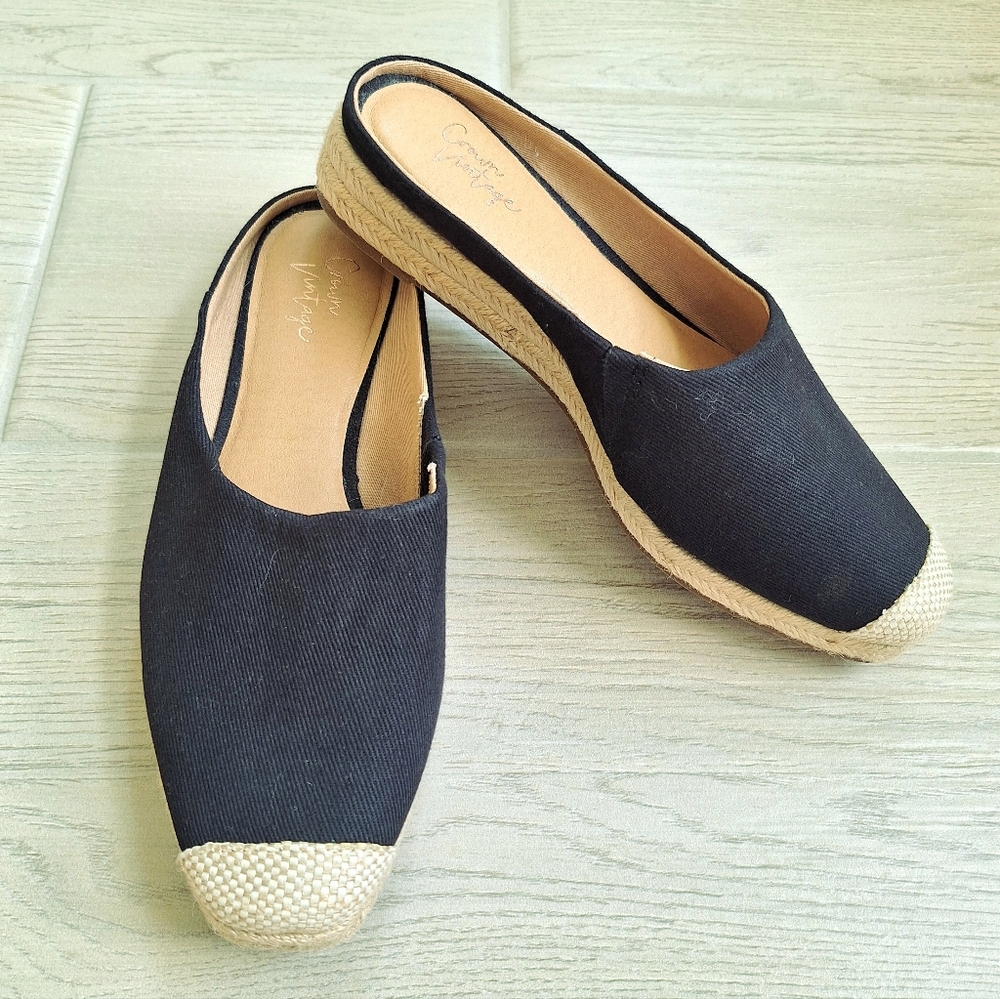 Crown Vintage Lonari Canvas Espadrille Slip On Wedge Black/Natural size 9 New